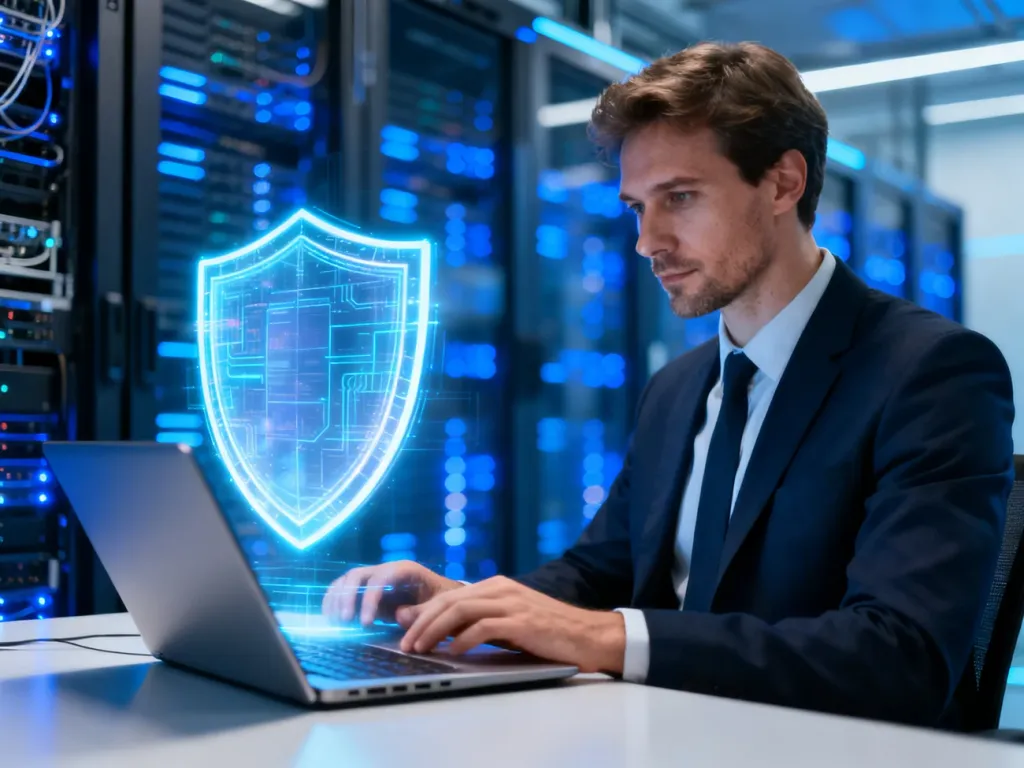 Specjalista IT pracuje przy zabezpieczaniu infrastruktury serwerowej, nad którą unosi się hologram cyfrowej tarczy.