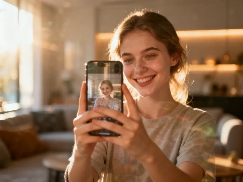 Młoda kobieta robi sobie naturalne selfie telefonem w przytulnym salonie, co ilustruje autentyczny styl aplikacji BeReal.