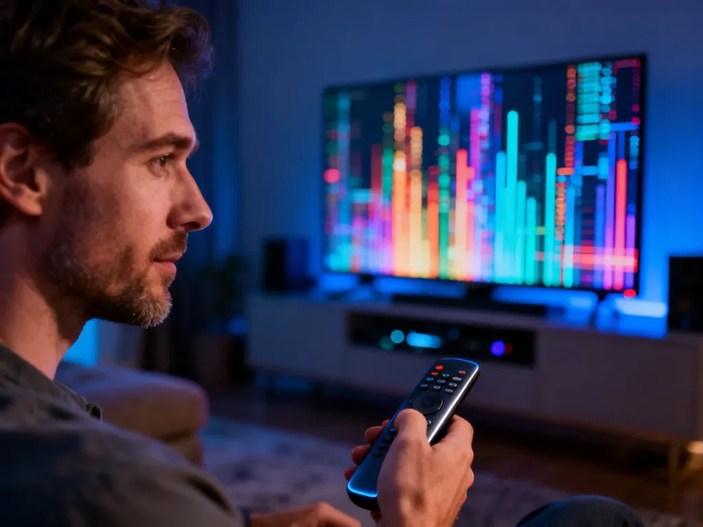 Mężczyzna trzymający pilot przed ekranem nowoczesnego telewizora, symbolizujący korzystanie z technologii IPTV.