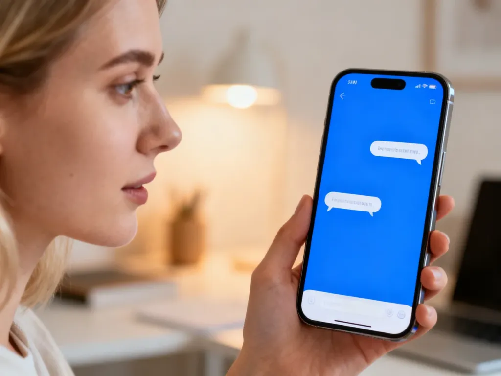 Dłoń trzymająca smartfon z otwartym interfejsem aplikacji iMessage w przytulnym domowym biurze.