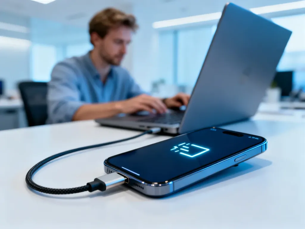 Smartfon podłączony kablem USB-C do laptopa, na którego ekranie widnieje ikona wiersza poleceń w trybie Fastboot.