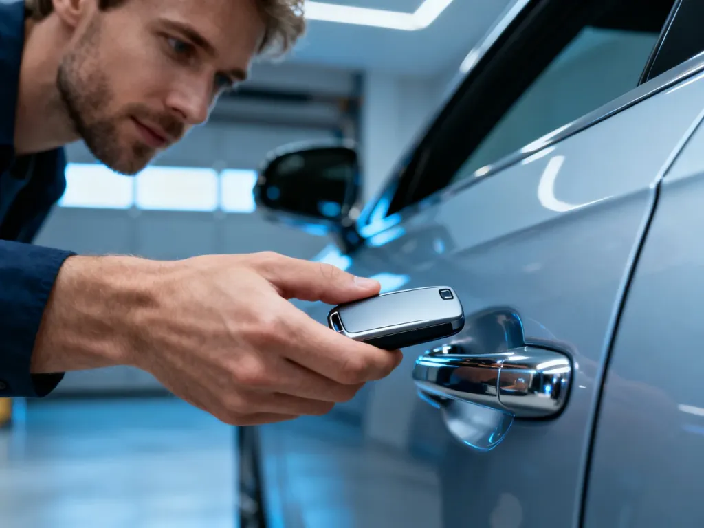 Dłoń trzymająca nowoczesny kluczyk typu keyless przy klamce luksusowego samochodu w garażu.
