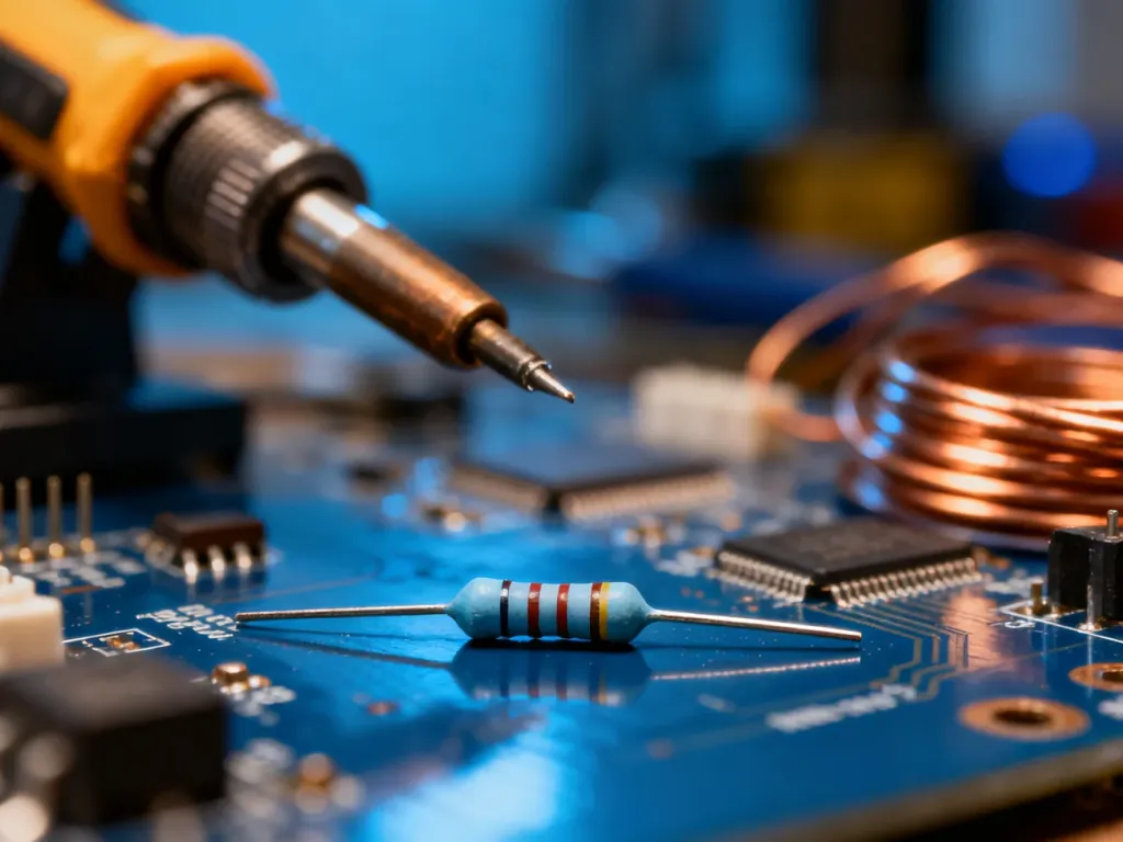 Zbliżenie na rezystor na płytce drukowanej w profesjonalnym warsztacie elektronicznym.
