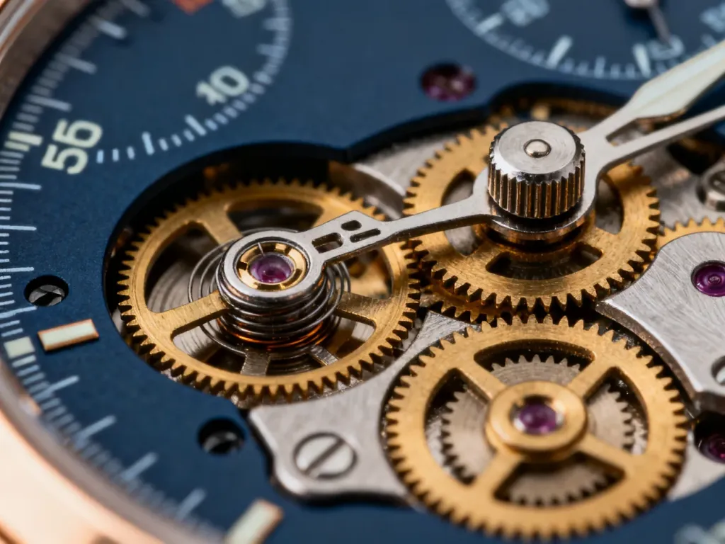 Zbliżenie na skomplikowany mechanizm zegarka mechanicznego z widocznymi kołami zębatymi i sprężynami.