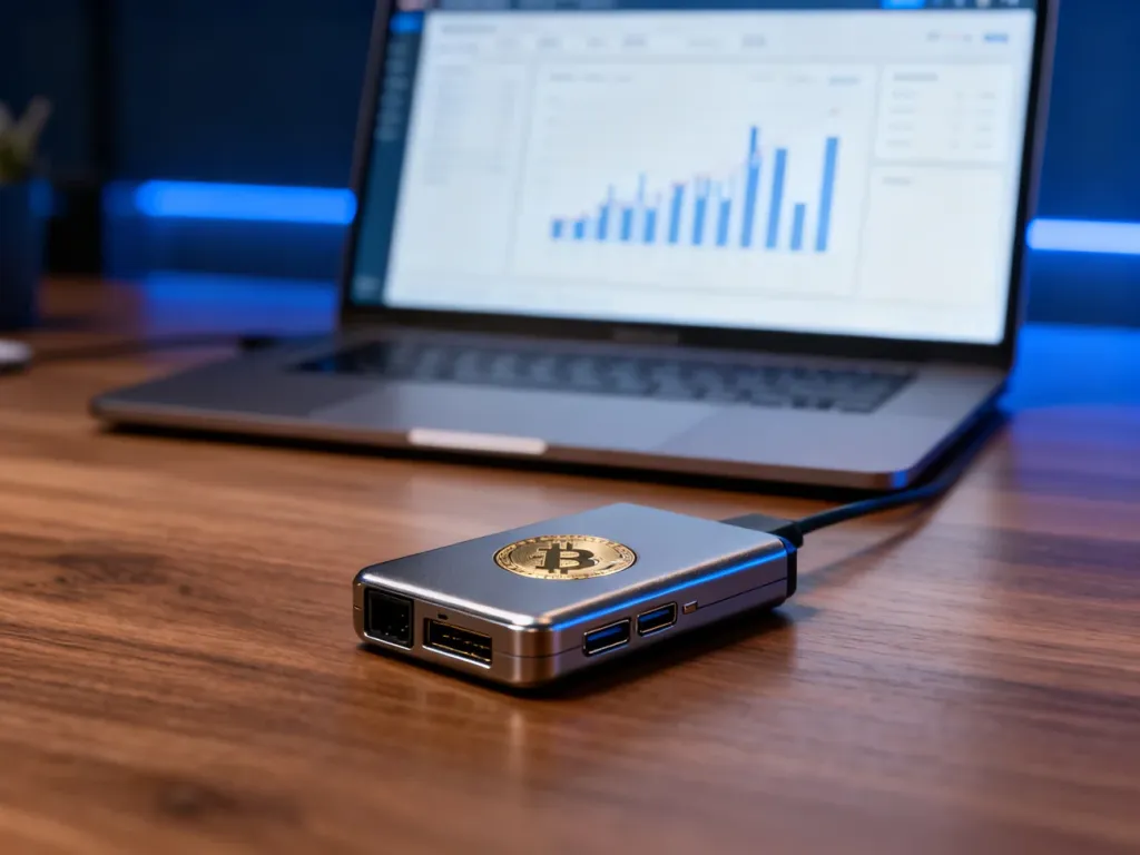 Sprzętowy portfel kryptowalutowy na biurku obok laptopa z wyświetlonym panelem finansowym Ledger Live.
