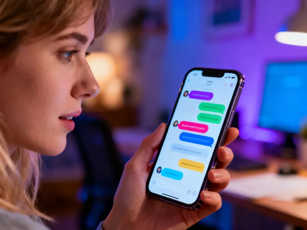 Kobieta trzymająca smartfon z otwartą aplikacją do komunikacji w przytulnym domowym biurze.