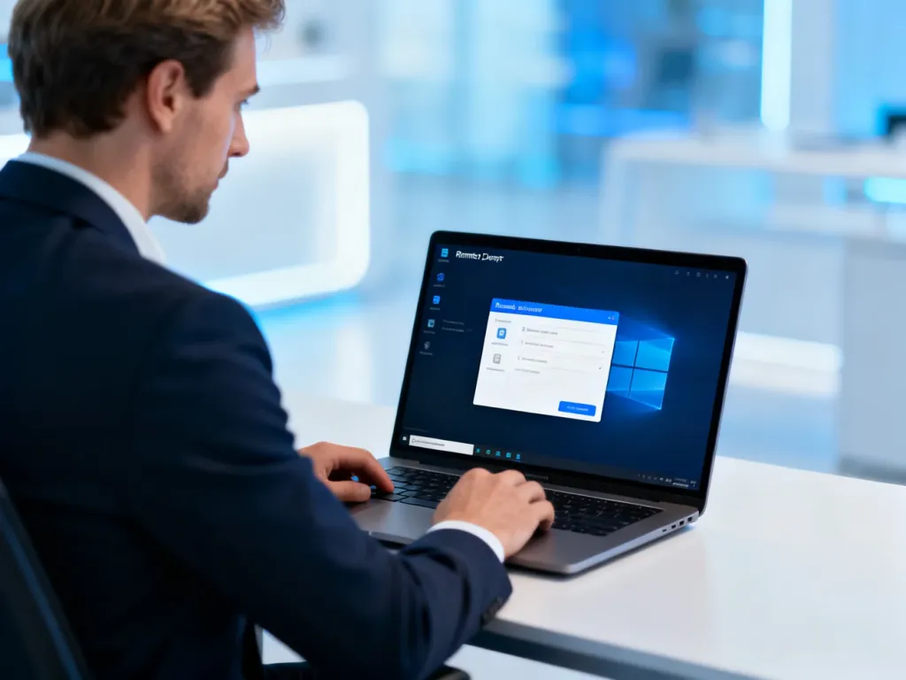Profesjonalista pracujący przy laptopie z oprogramowaniem do zdalnego pulpitu w nowoczesnym biurze.