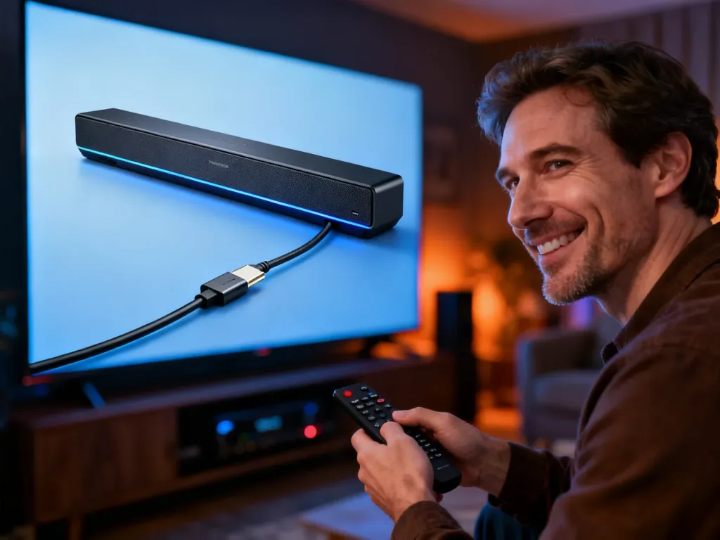Mężczyzna z pilotem w dłoni obsługuje soundbar podłączony do telewizora za pomocą kabla HDMI w przytulnym salonie.