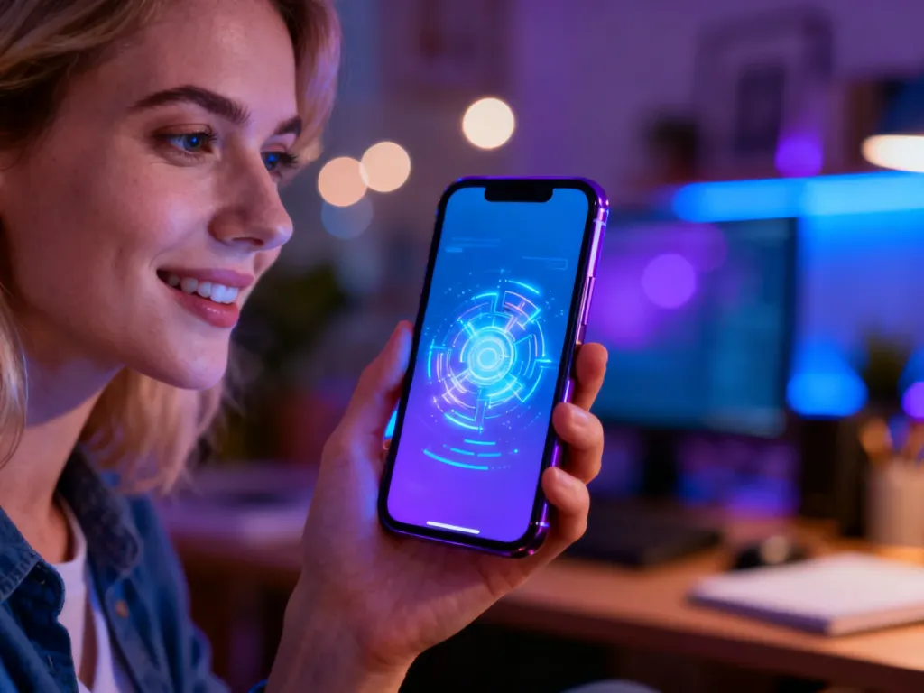 Dłoń trzymająca smartfon z aktywnym interfejsem asystenta głosowego Bixby na ekranie w przytulnym domowym biurze.