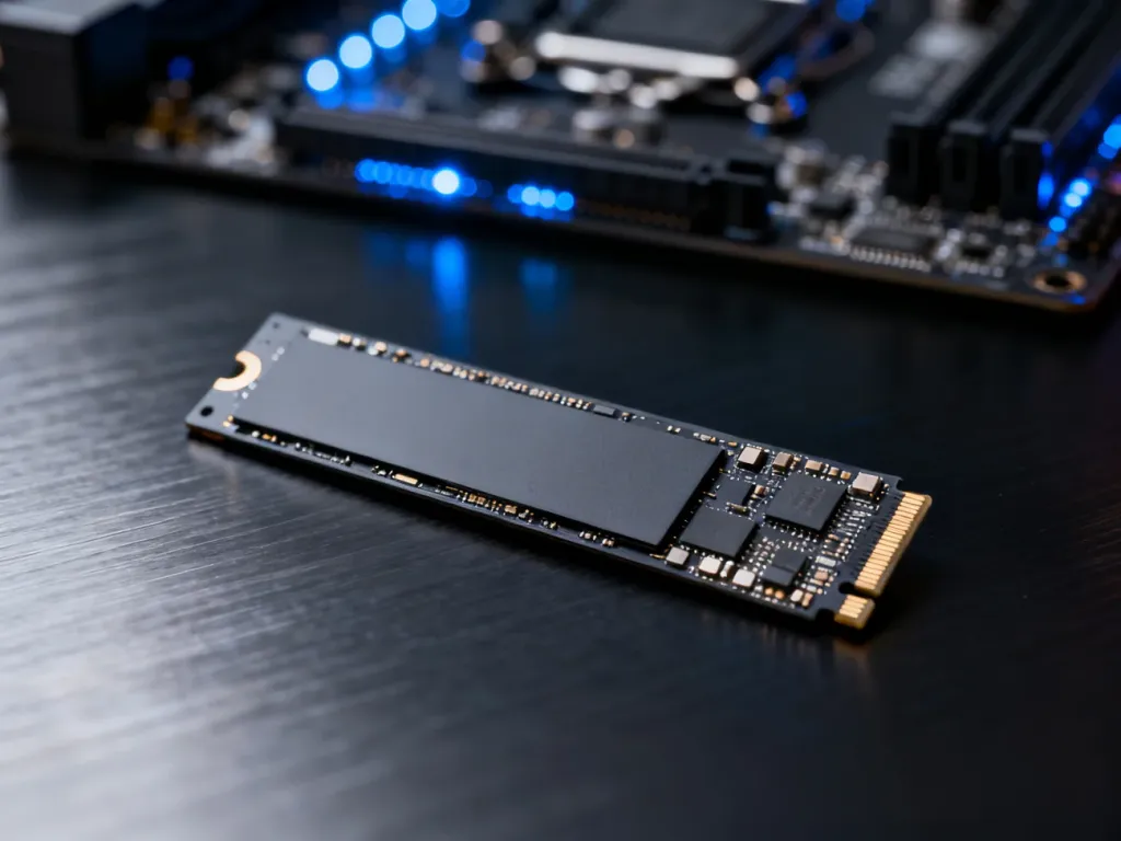 Nowoczesny dysk SSD typu NVMe leżący na metalowej powierzchni na tle podświetlonej płyty głównej komputera.