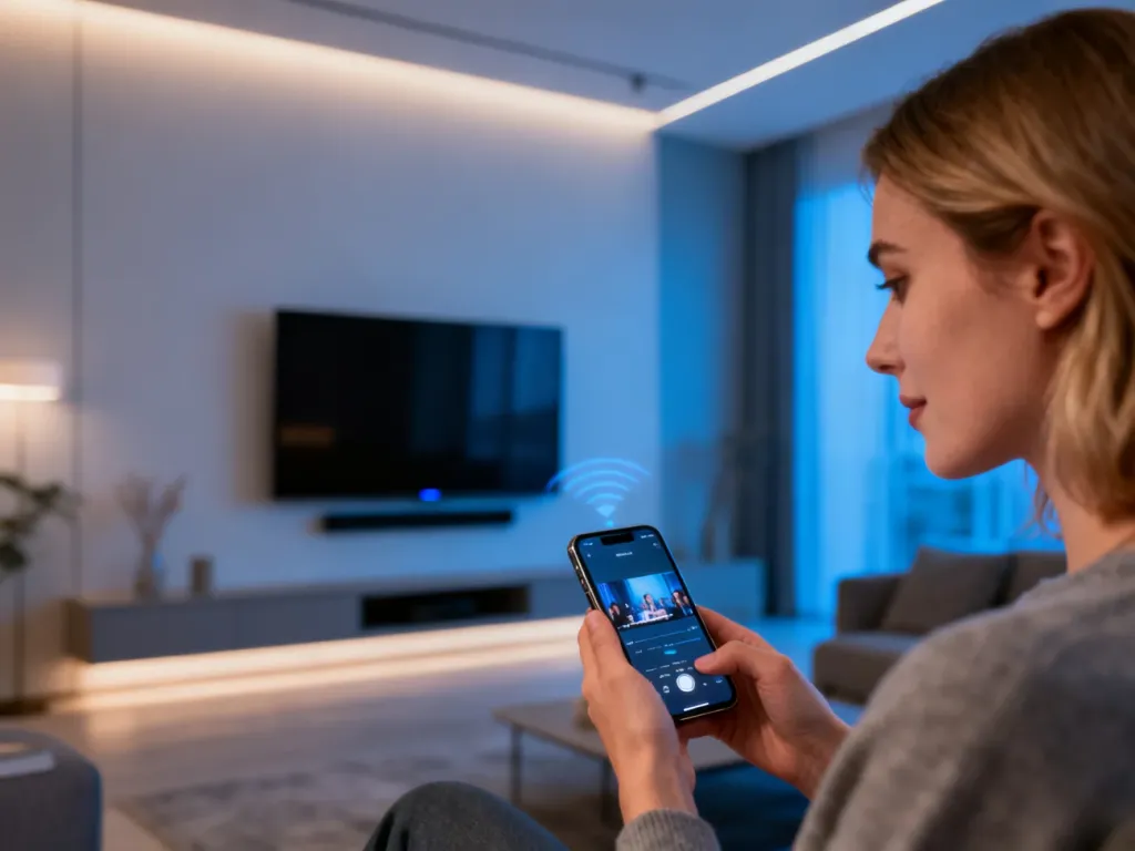 Kobieta używa smartfona do bezprzewodowego przesyłania treści na nowoczesny telewizor w salonie za pomocą technologii AirPlay.