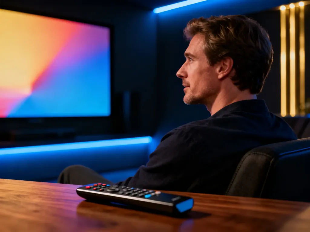 Mężczyzna oglądający film w kinie domowym, podkreślający wysoką jakość obrazu i kontrast technologii Dolby Vision.