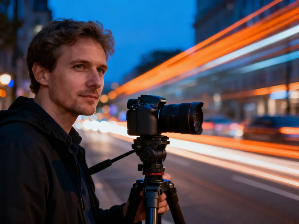 Fotograf z aparatem na statywie ustawiony na tle miejskiej ulicy z rozmytymi światłami samochodów w technice timelapse.